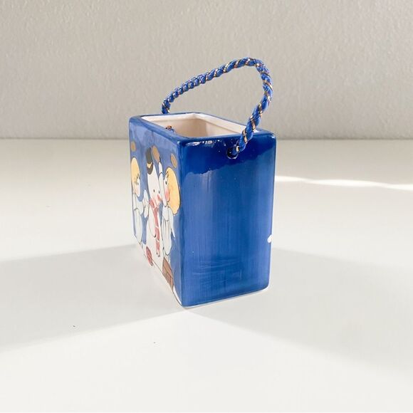 Christmas Ceramic Blue Gift Bag Planter Snowman Holidays Decoration Winter Time - Picture 2 of 6